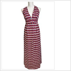 Vintage Red White Blue Heart Halter Top Maxi Dress 70s Mod Women’s Small/XS
